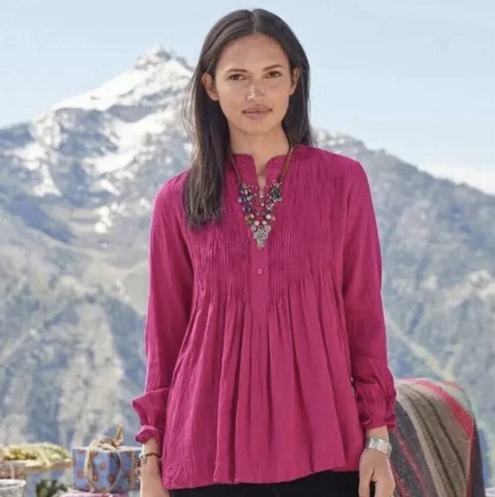 Sundance Mystic Fall Fushia Pintuck Buttons V-Neck Long Sleeve High-Low Blouse S